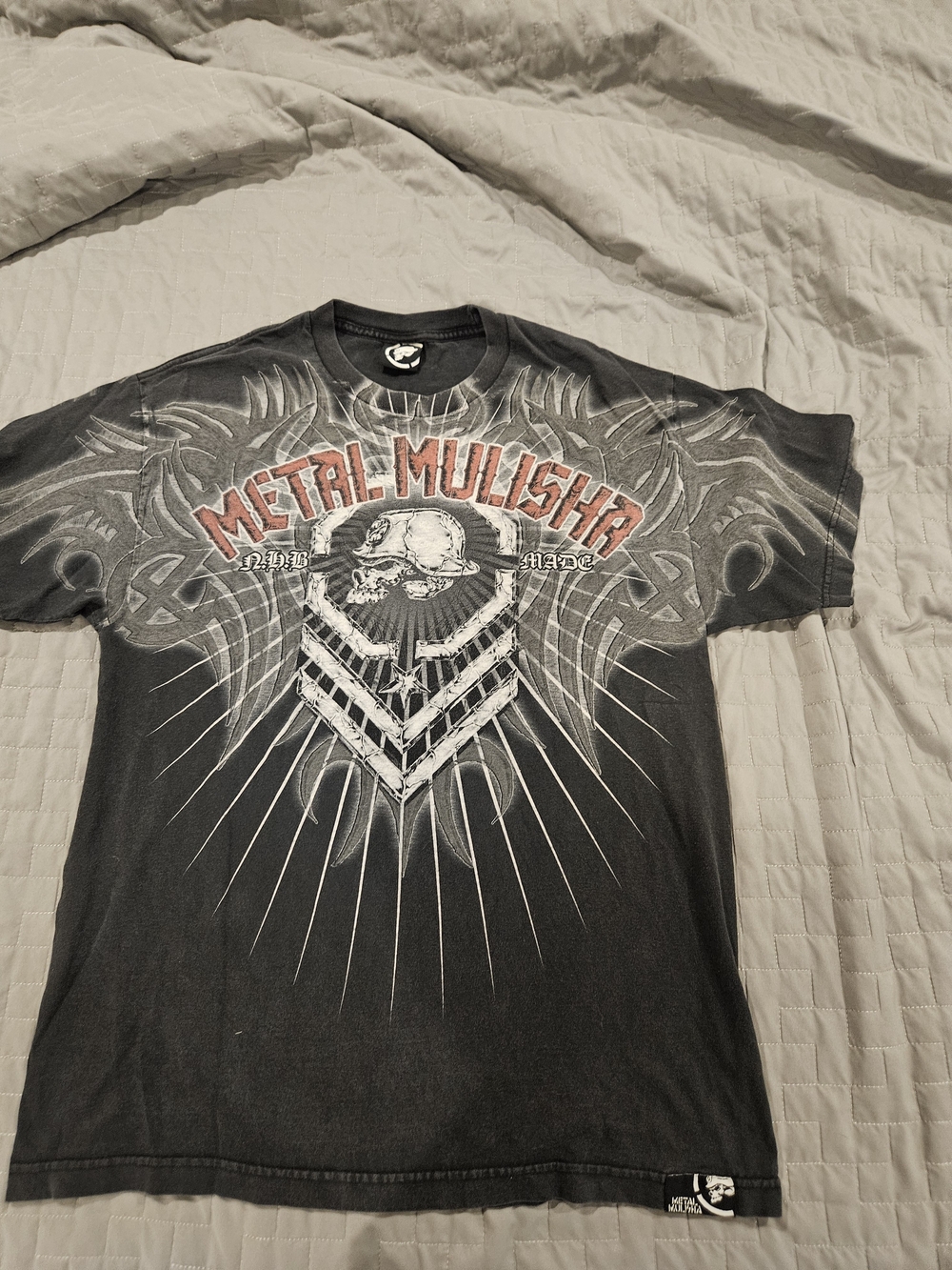 Metal Mulisha Black Tee with Red Logo and White Skull Graphic